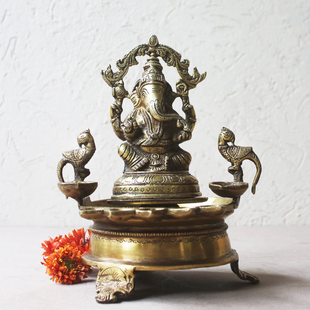 Traditional Gaja Ganesha Vilakku Oil Lamp Handcrafted With Parrots & 7 Diyas- Ht 22 cm x W 18 cm x Dia 14 cm