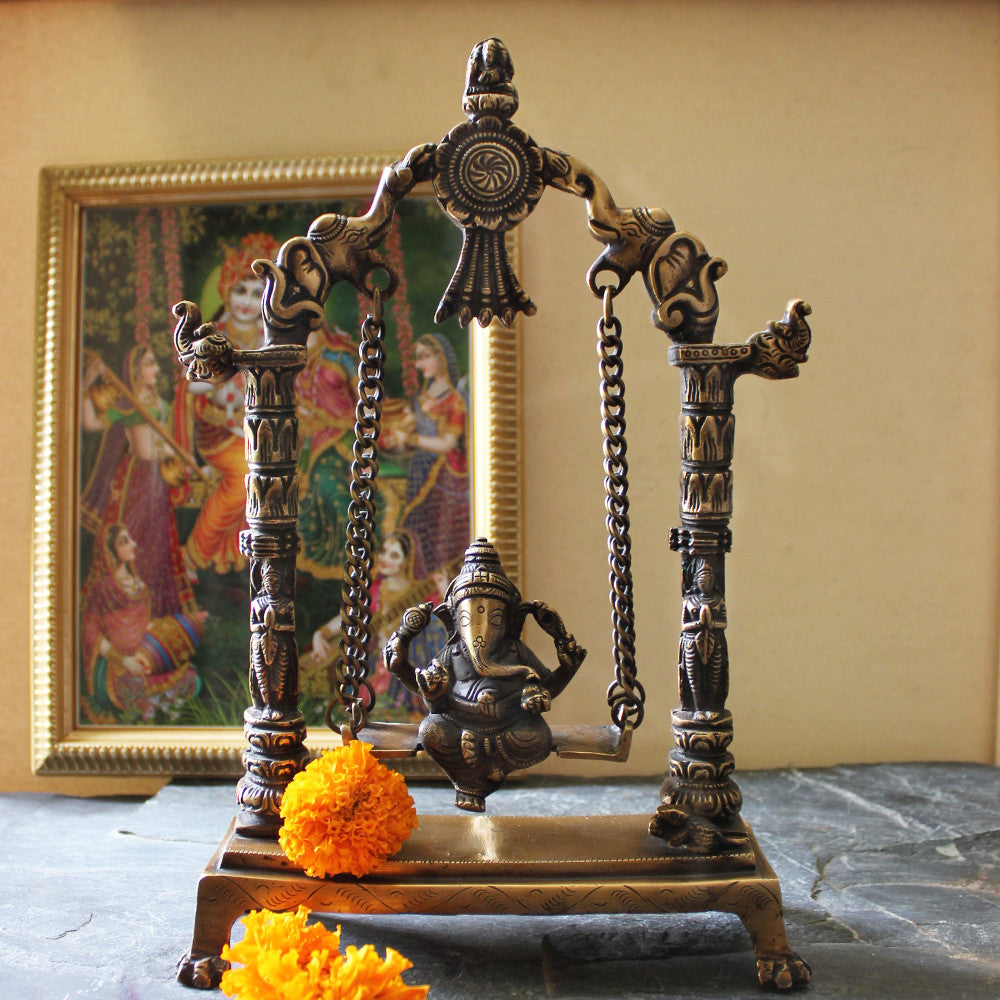 Hindu Elephant God Ganesha On Vintage Brass Swing With Elephants & Yali - H 33 cm x W 22 cm - theindianweave
