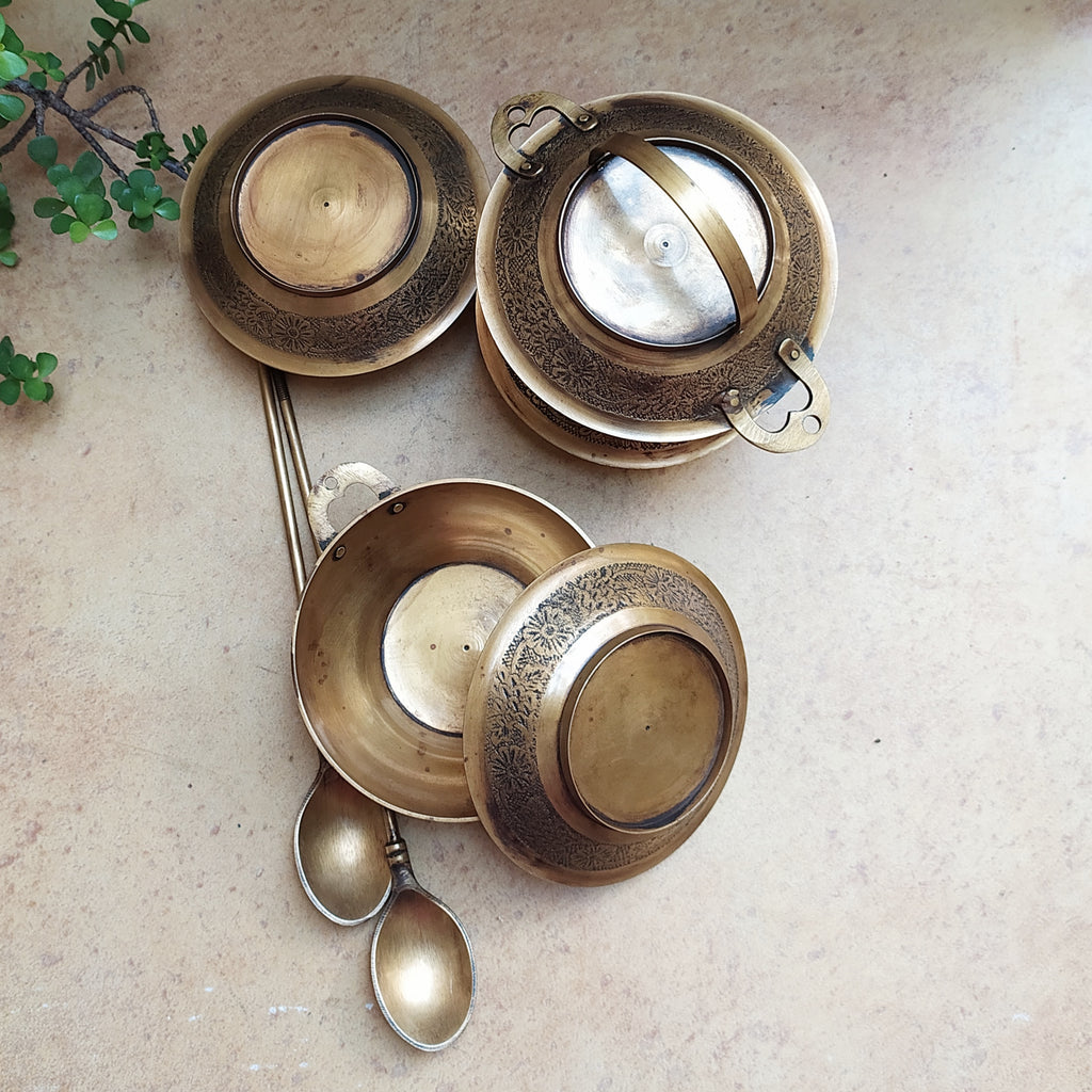Exquisite 4 Compartment Brass Tiffin With 2 Spoons & Floral Engraving - 35 cm Tall