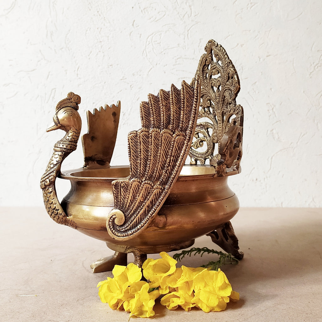 Majestic Brass Peacock Urli For Floating Flowers & Candles | Diyas - L 23 cm x Dia 20 cm x Ht 26 cm