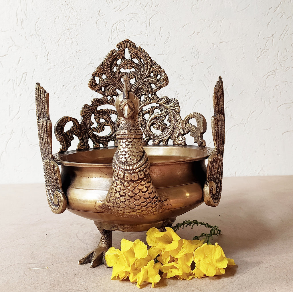 Majestic Brass Peacock Urli For Floating Flowers & Candles | Diyas - L 23 cm x Dia 20 cm x Ht 26 cm