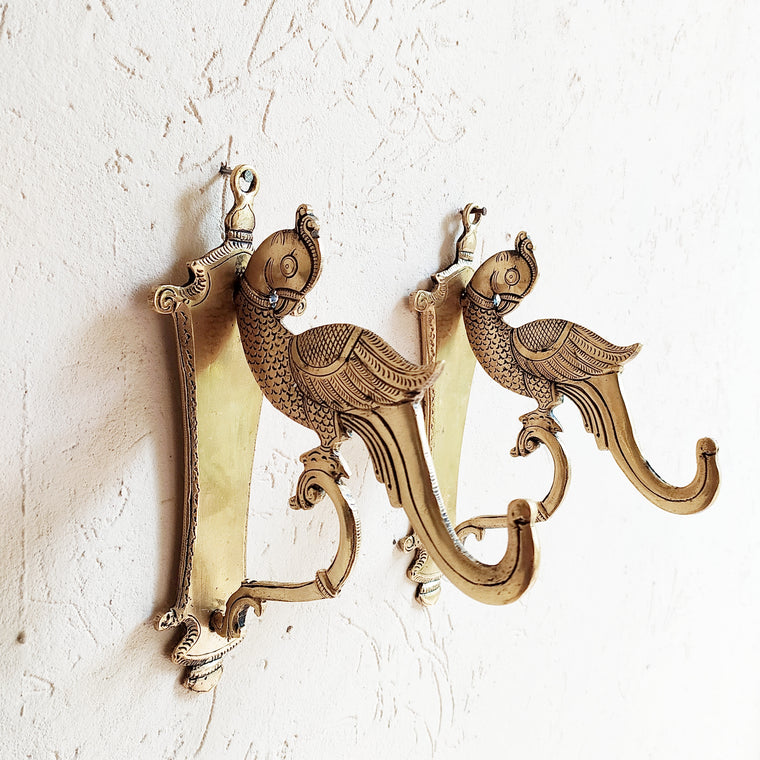 Pair of Ornate Hand Crafted Parrot Design Brass Wall Hooks - L 23 cm x W 8 cm x D 16 cm