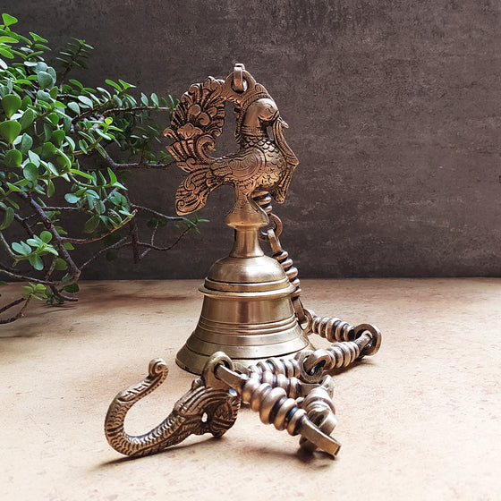 Exquisite Brass Temple Bell With Peacock On A Chain - Length 78 cm x Dia 9 cm