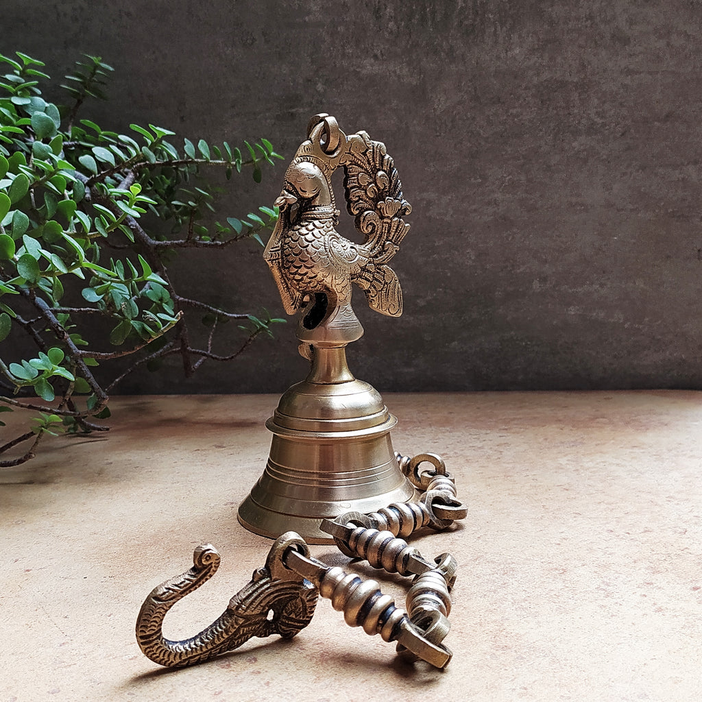 Exquisite Brass Temple Bell With Peacock On A Chain - Length 78 cm x Dia 9 cm