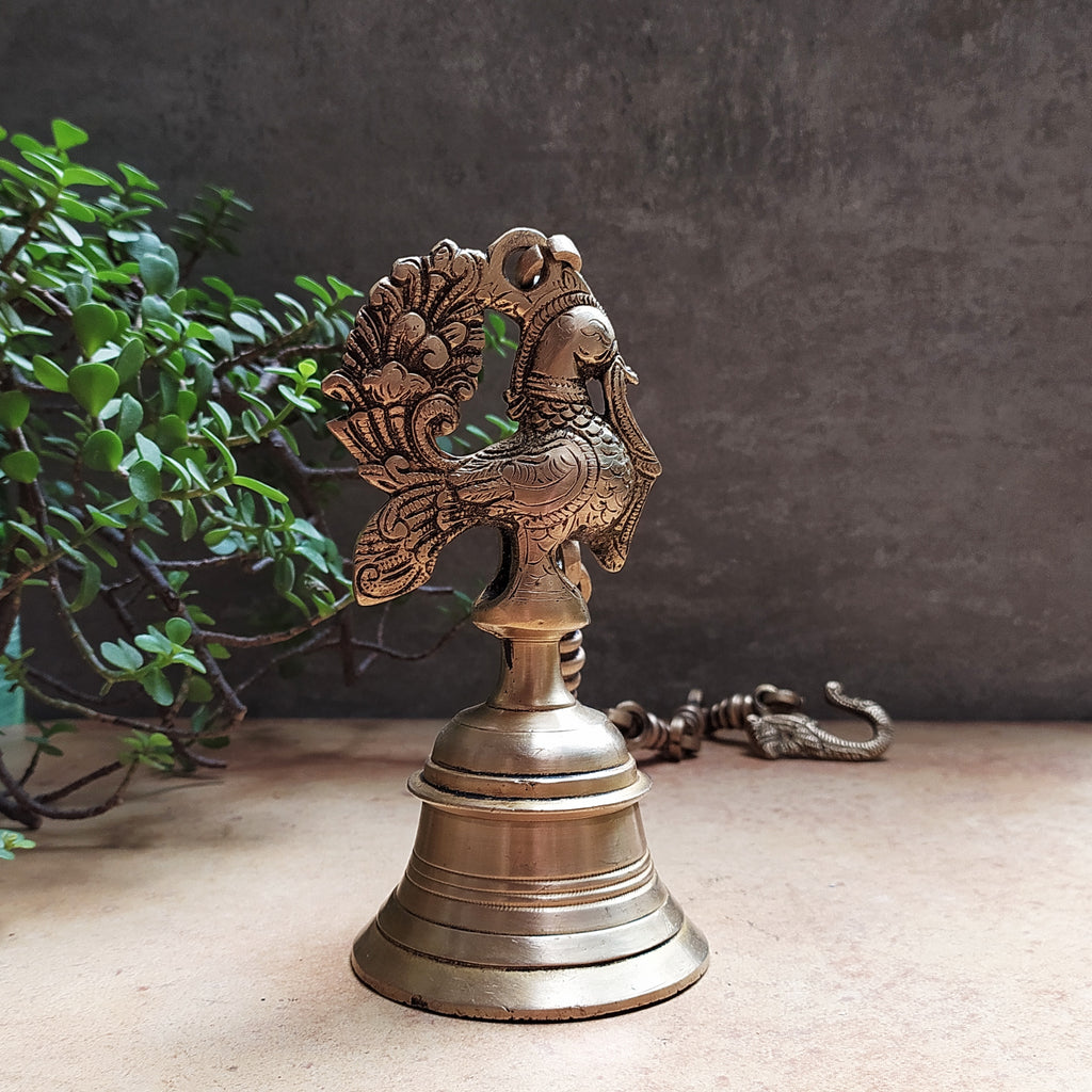 Exquisite Brass Temple Bell With Peacock On A Chain - Length 78 cm x Dia 9 cm