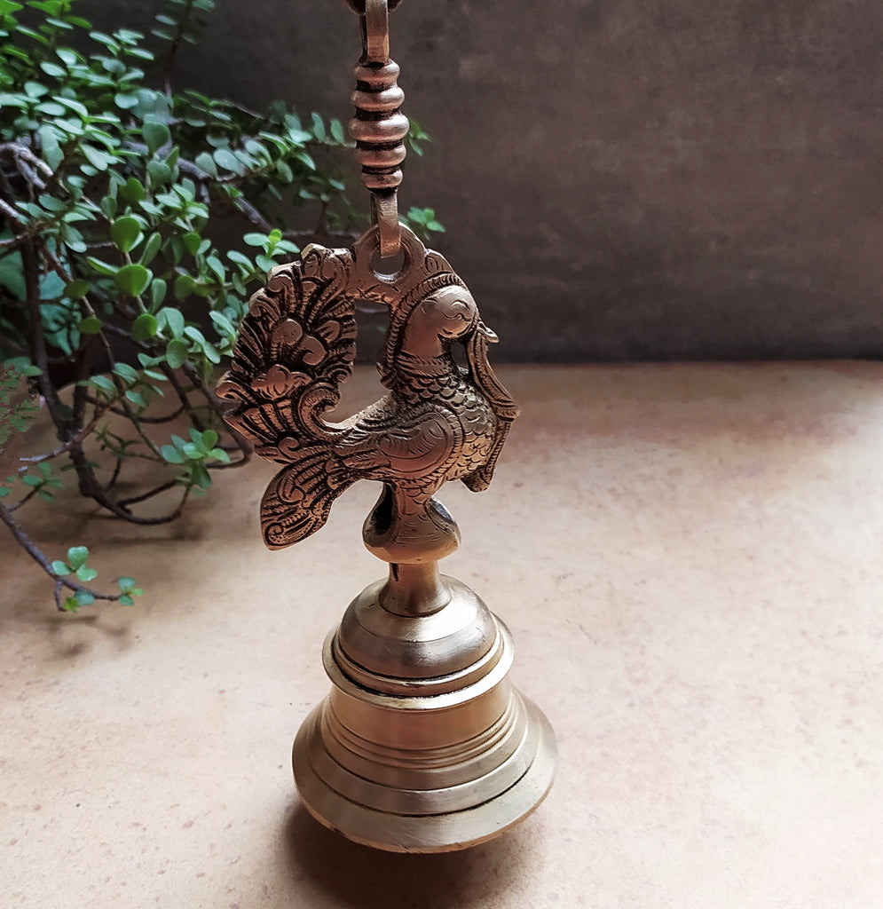 Exquisite Brass Temple Bell With Peacock On A Chain - Length 78 cm x Dia 9 cm