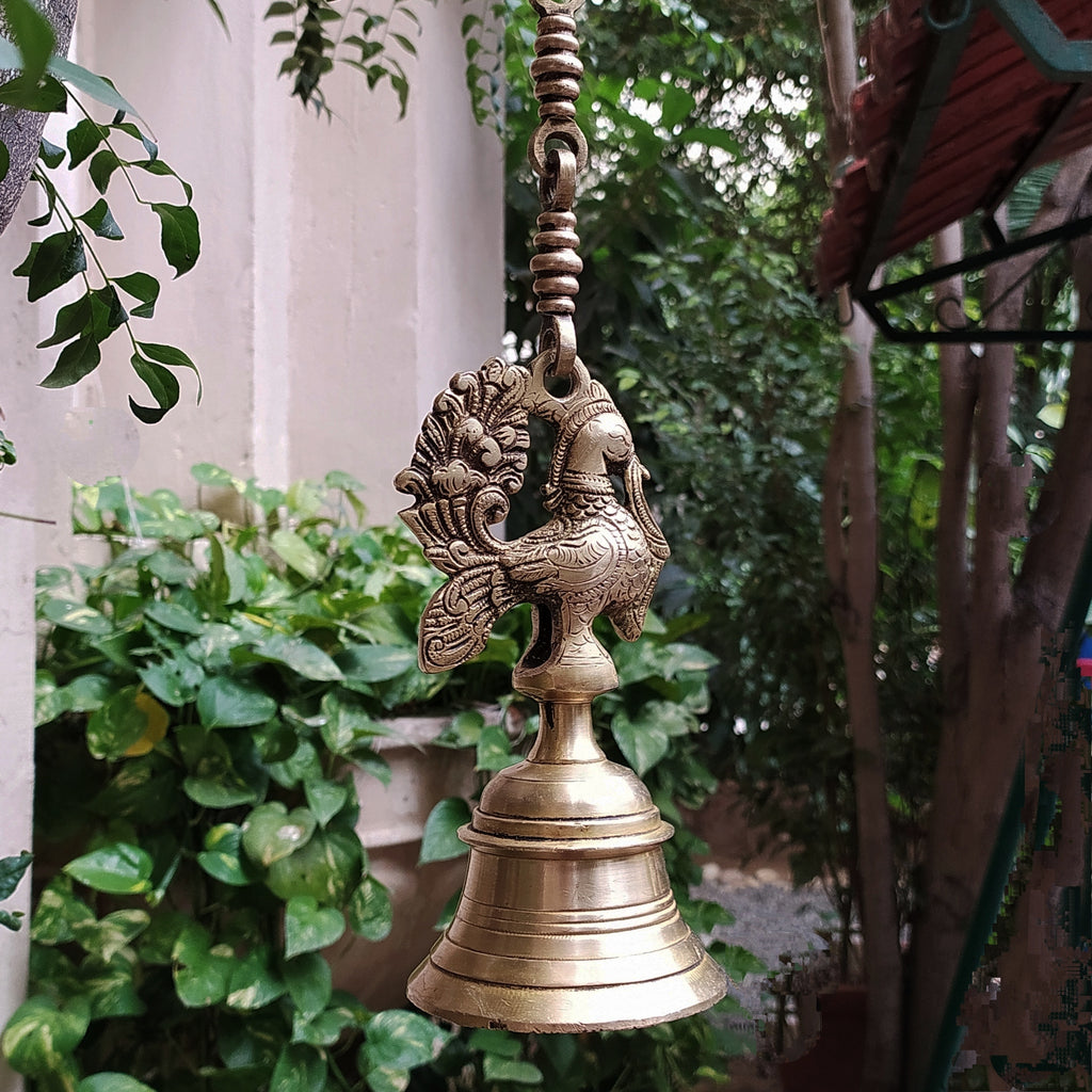 Exquisite Brass Temple Bell With Peacock On A Chain - Length 78 cm x Dia 9 cm