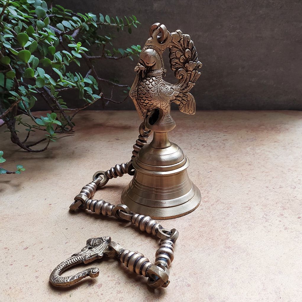 Exquisite Brass Temple Bell With Peacock On A Chain - Length 78 cm x Dia 9 cm