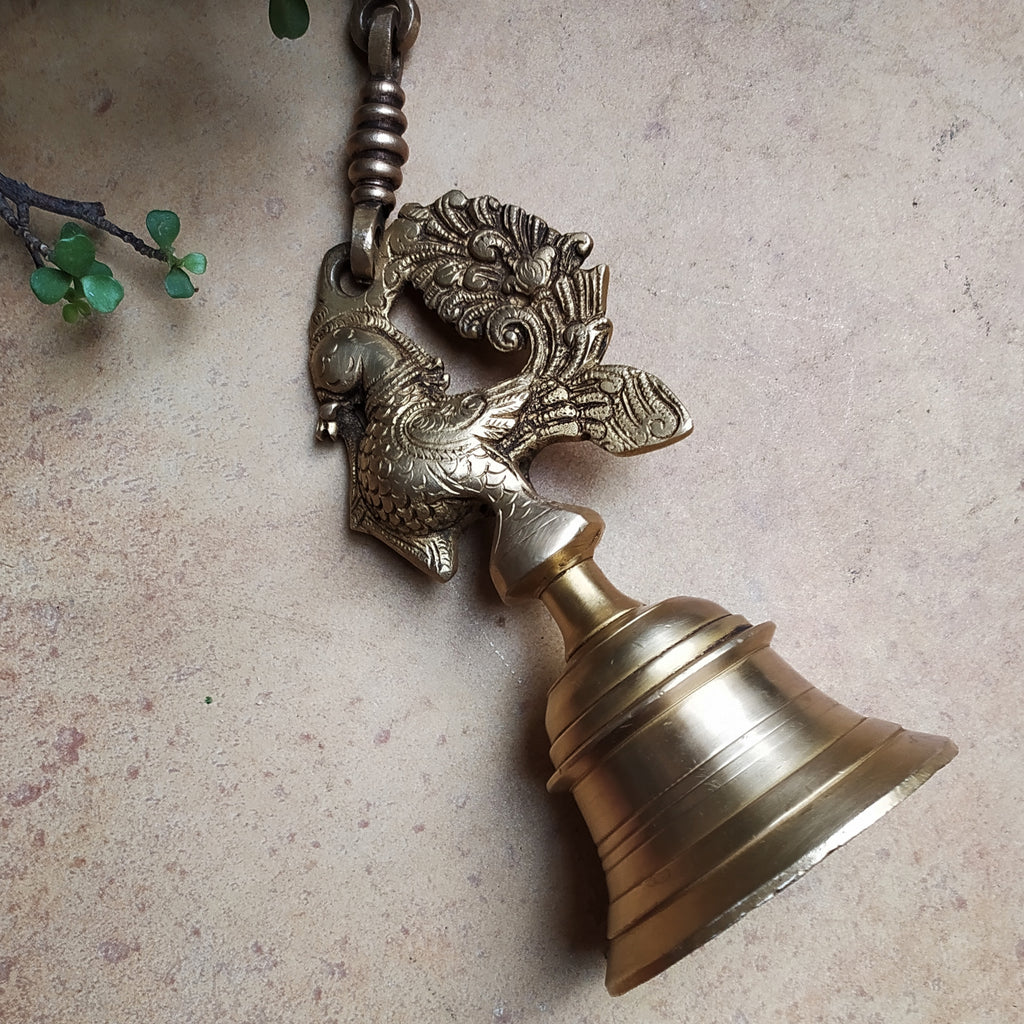 Exquisite Brass Temple Bell With Peacock On A Chain - Length 78 cm x Dia 9 cm