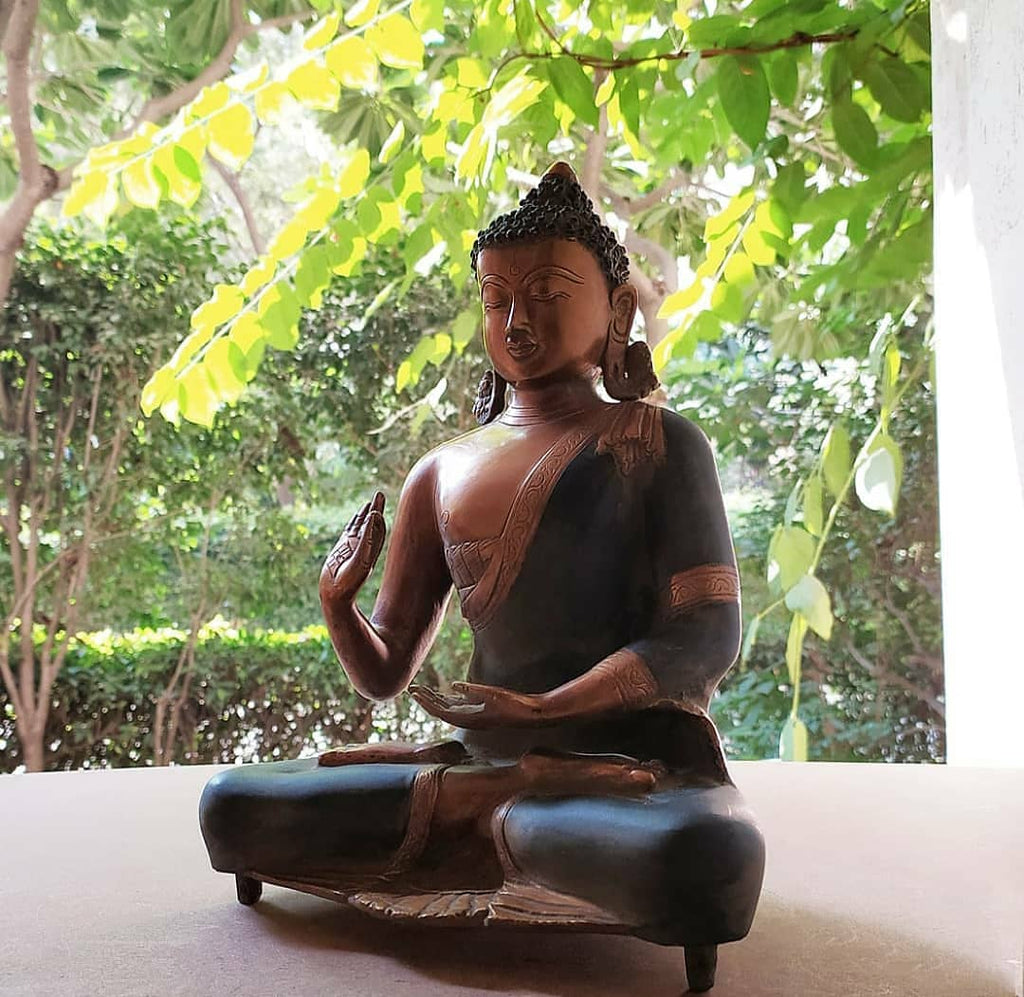 Vintage Buddha Brass Sculpture In Vitarka Mudra Posture. Ht 29 cm x W 21 x D 14 cm