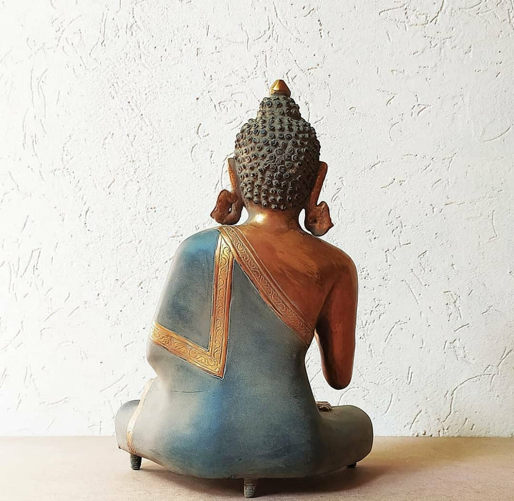 Vintage Buddha Brass Sculpture In Vitarka Mudra Posture. Ht 29 cm x W 21 x D 14 cm