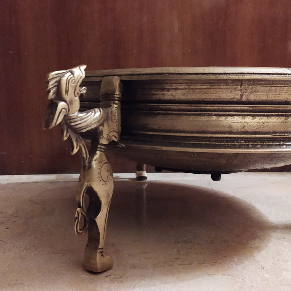 Vintage Brass Urli Handcrafted With 3 Mythical Yali Legs. Diameter 31 cm x Height 15 cm