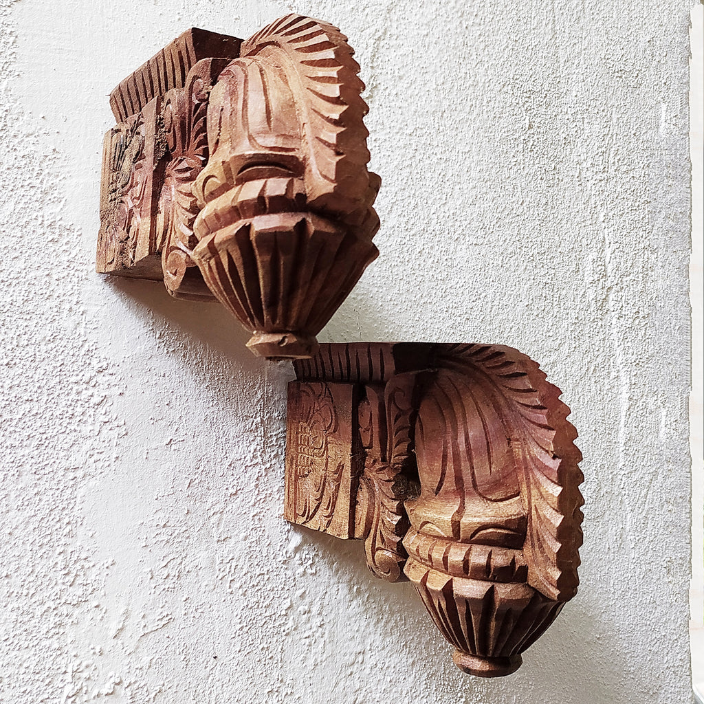 Pair of Handcrafted Wooden Bodhil Wall Brackets. D 23 cm x Ht 16 cm x W 7.5 cm