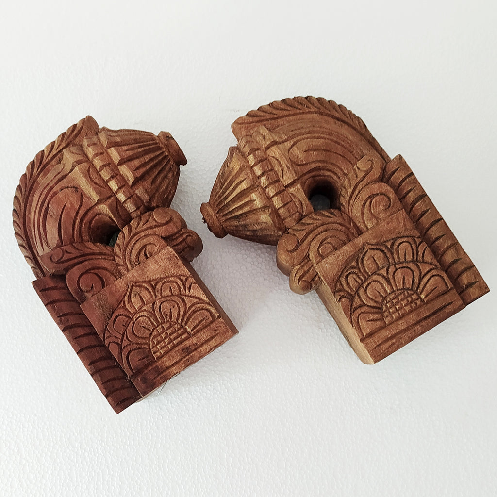 Pair of Handcrafted Wooden Bodhil Wall Brackets. D 23 cm x Ht 16 cm x W 7.5 cm