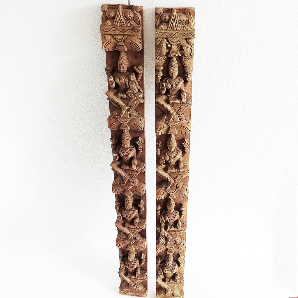 Hand Sculpted Pair Of Wooden Panels Depicting Asthalakshmi - The 8 Manifestations of Goddess Lakshmi. Ht 92 cm x Width 10 cm x Depth 5 cm
