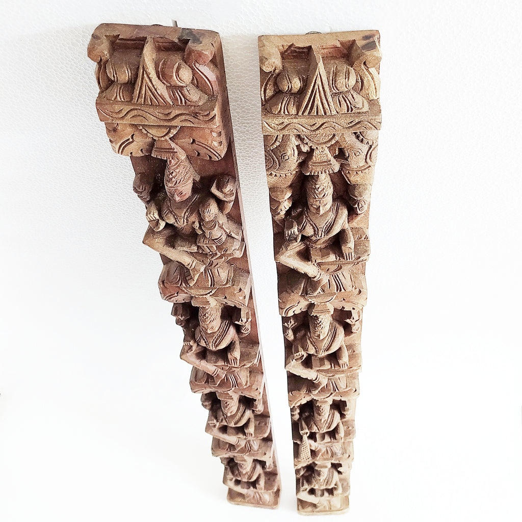 Hand Sculpted Pair Of Wooden Panels Depicting Asthalakshmi - The 8 Manifestations of Goddess Lakshmi. Ht 92 cm x Width 10 cm x Depth 5 cm