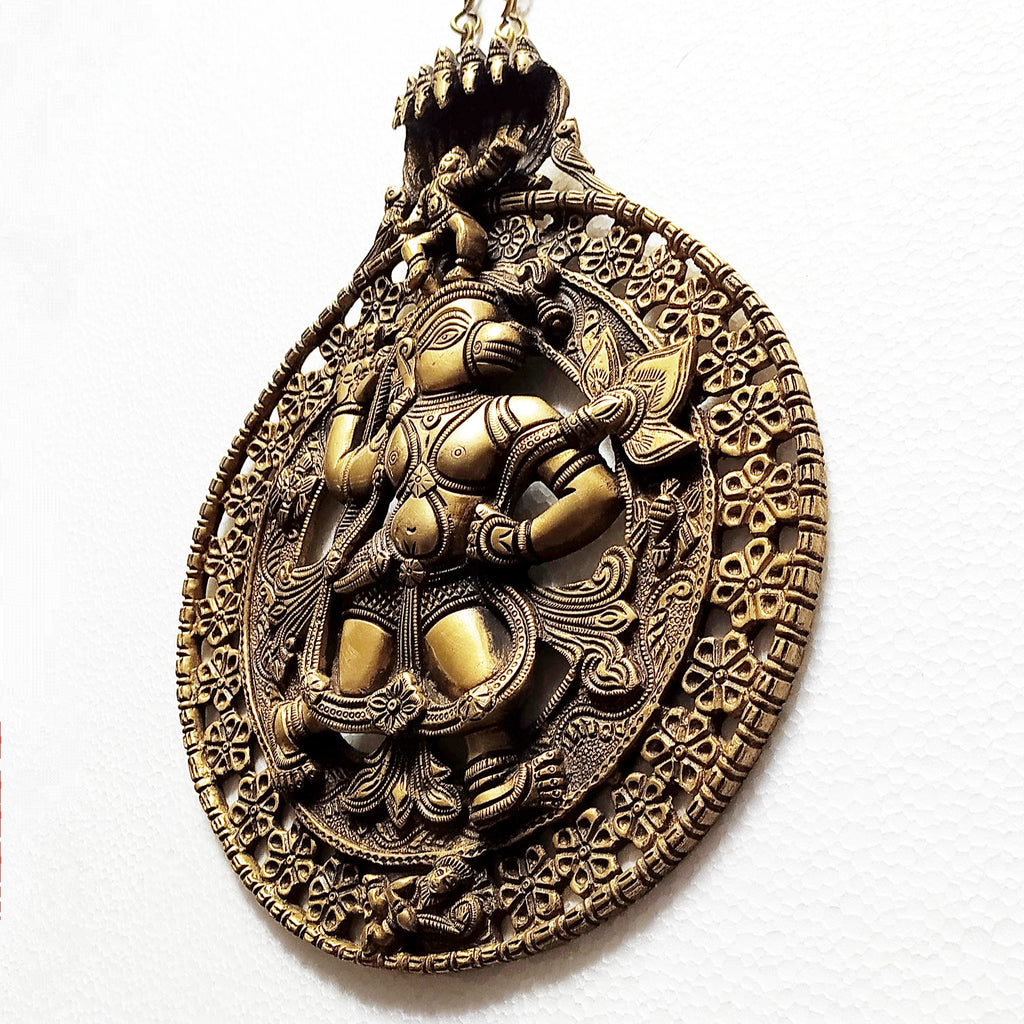 Majestic Handcrafted Brass Plaque of Hindu Diety Hanuman & A 7 Hooded Cobra -  Height 29 cm x Dia 23.5  cm