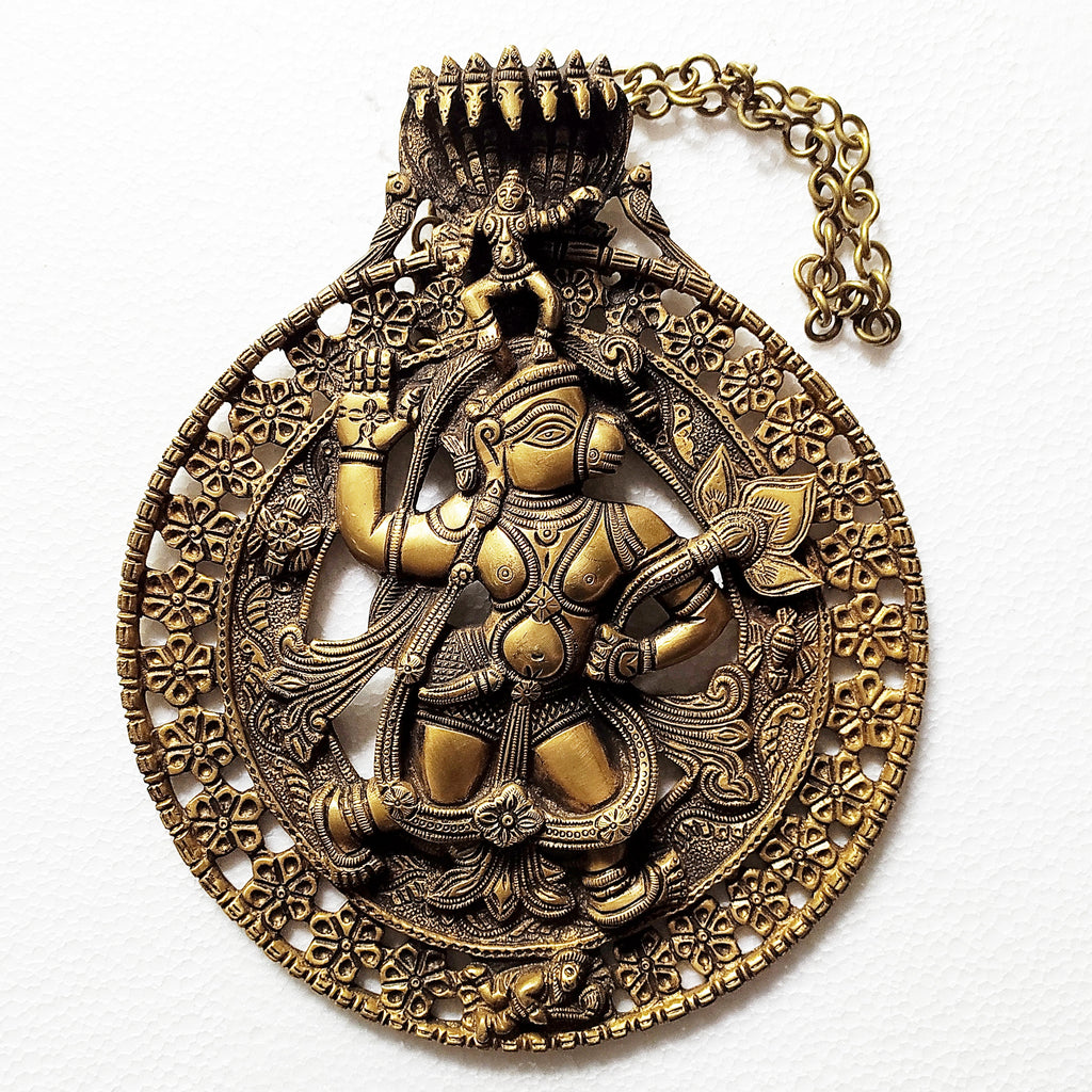 Majestic Handcrafted Brass Plaque of Hindu Diety Hanuman & A 7 Hooded Cobra -  Height 29 cm x Dia 23.5  cm