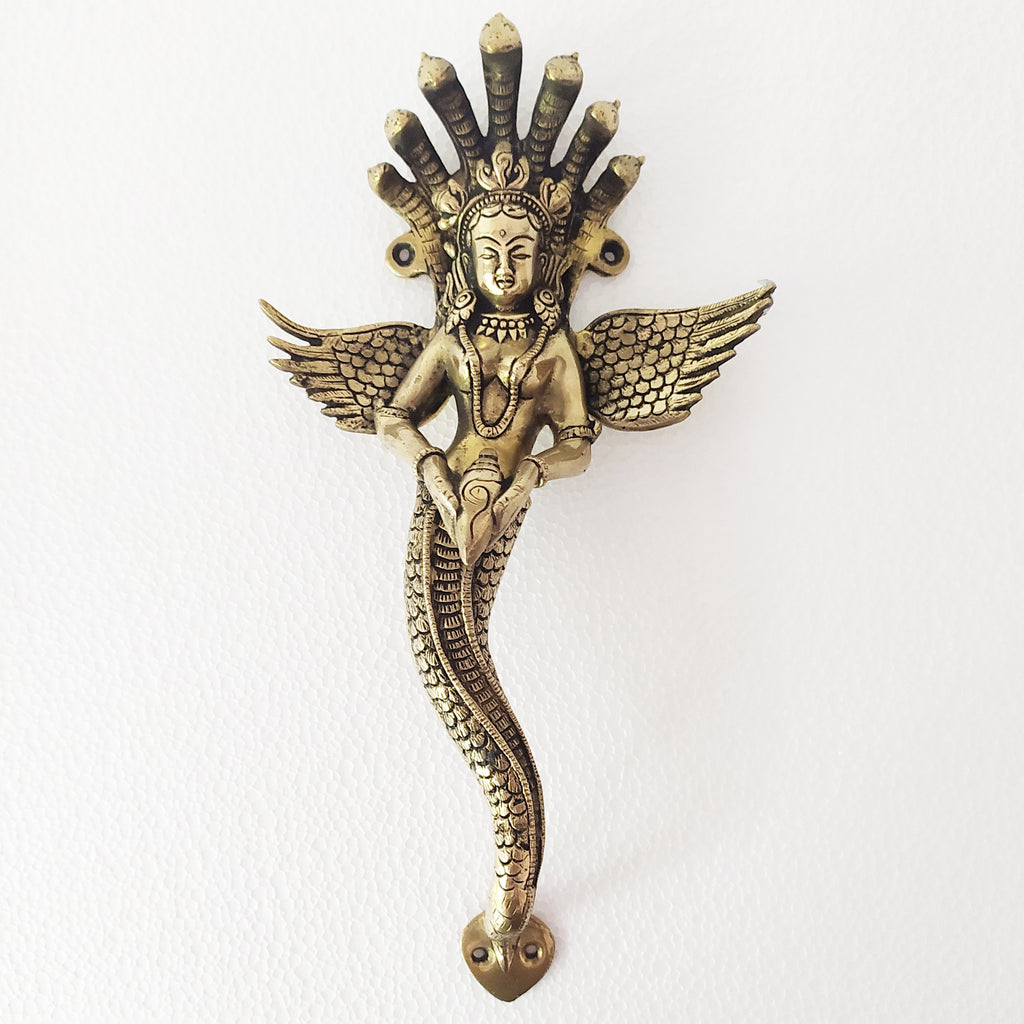 Vintage Hand Crafted Brass Door Handle Of Manasa - Queen of Snakes. Length 35 cm x Width 17 cm