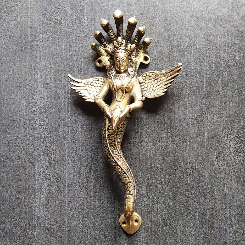 Vintage Hand Crafted Brass Door Handle Of Manasa - Queen of Snakes. Length 35 cm x Width 17 cm
