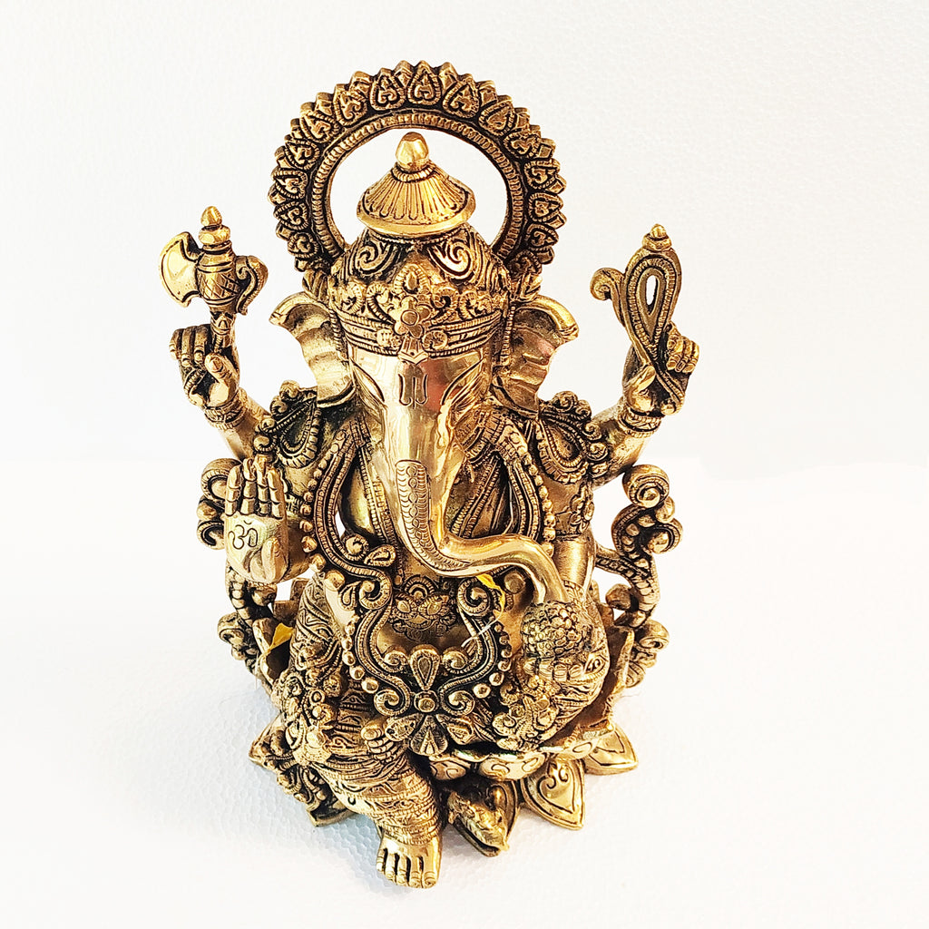 Brass Sculpture of Mangalkari Ganesha On Lotus. H 33 cm x W 23 cm x Dia 17 cm