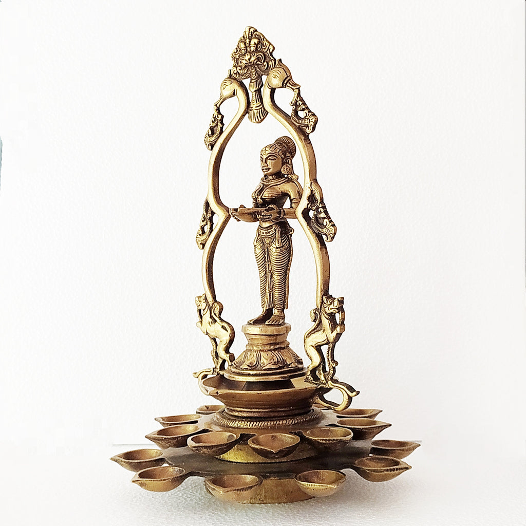 Exquisite Brass Lamp of Goddess Meenakshi With 21 Diyas. Height 35 cm x Width 25 cm