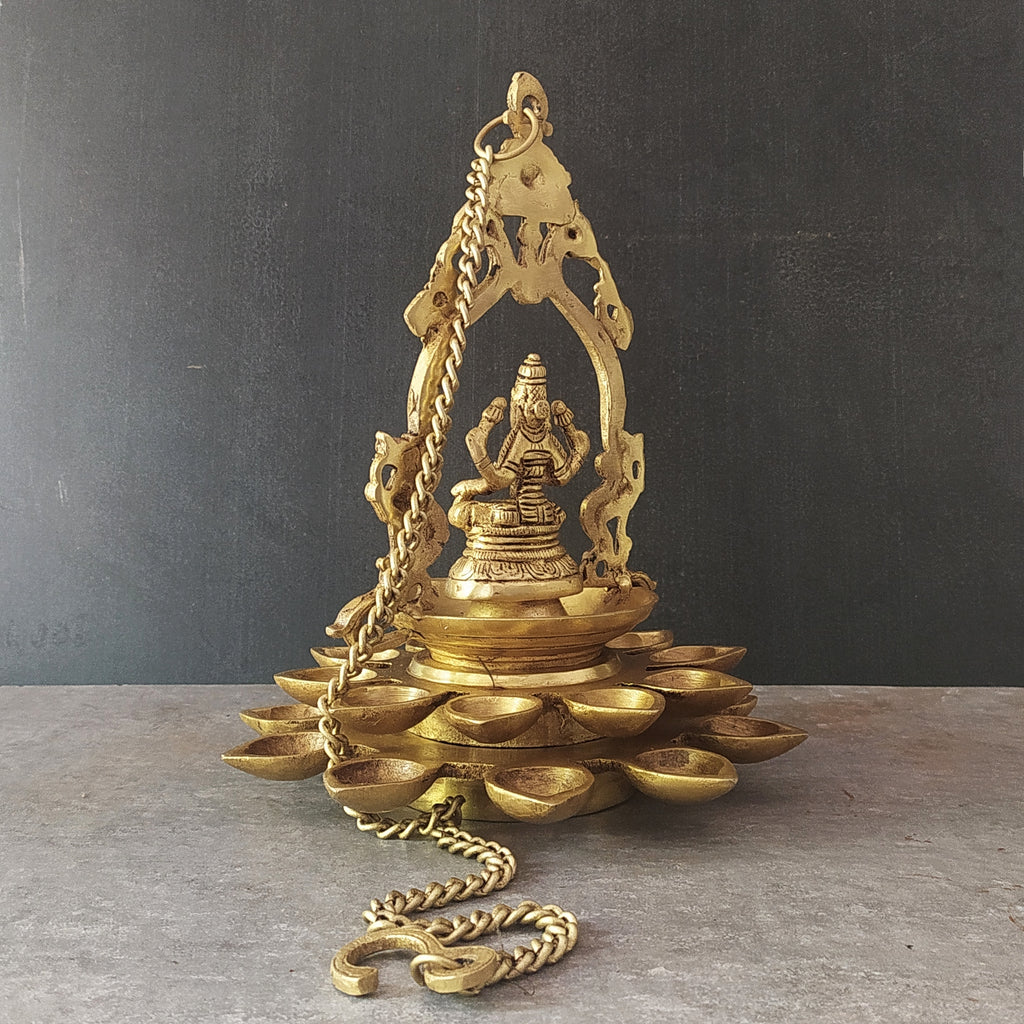 Brass Hanging Lamp of Lakshmi - Goddess of Wealth With 20 Diyas. Length 88 cm With Chain x Dia 23 cm