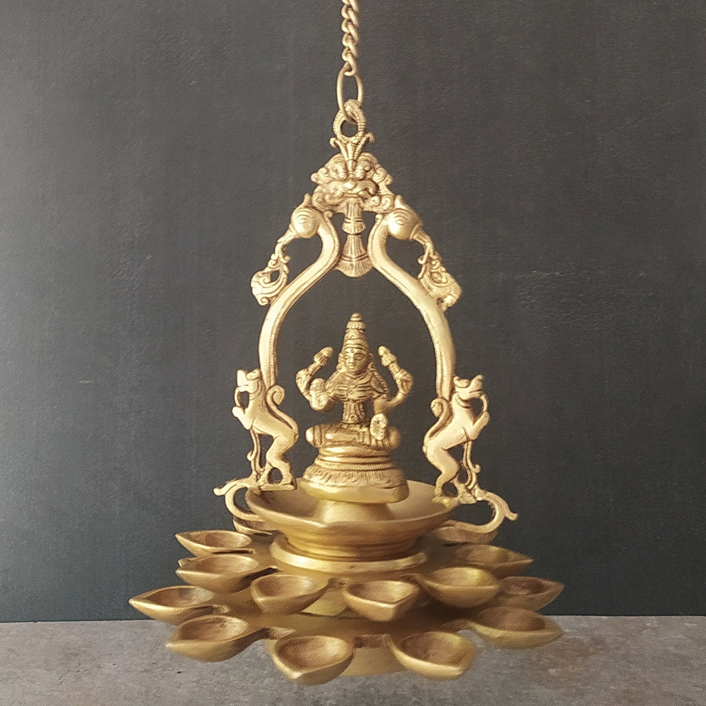 Brass Hanging Lamp of Lakshmi - Goddess of Wealth With 20 Diyas. Length 88 cm With Chain x Dia 23 cm
