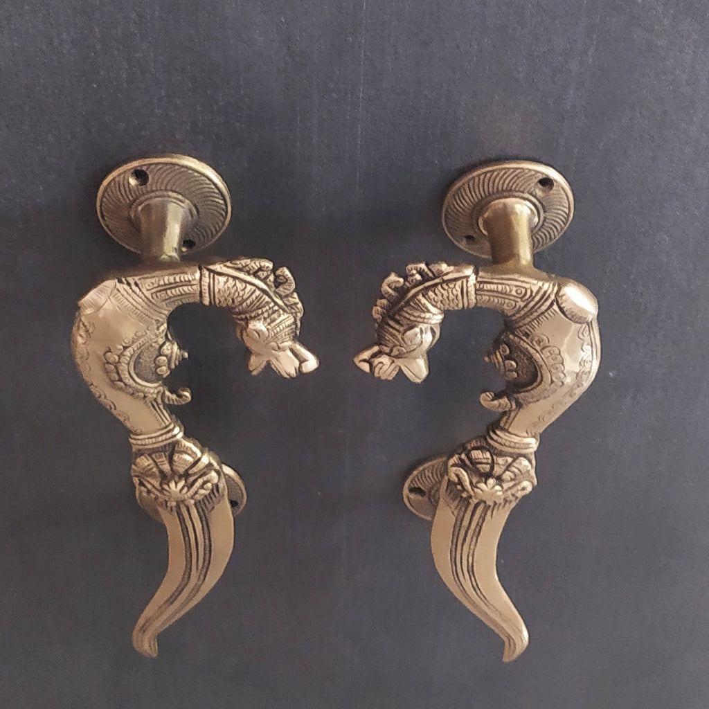 Pair of Mythical Yali Door Handles In Style Of A Hilted Dagger With Curved Blade - L 28 cm x W 9 cm x Ht 5 cm