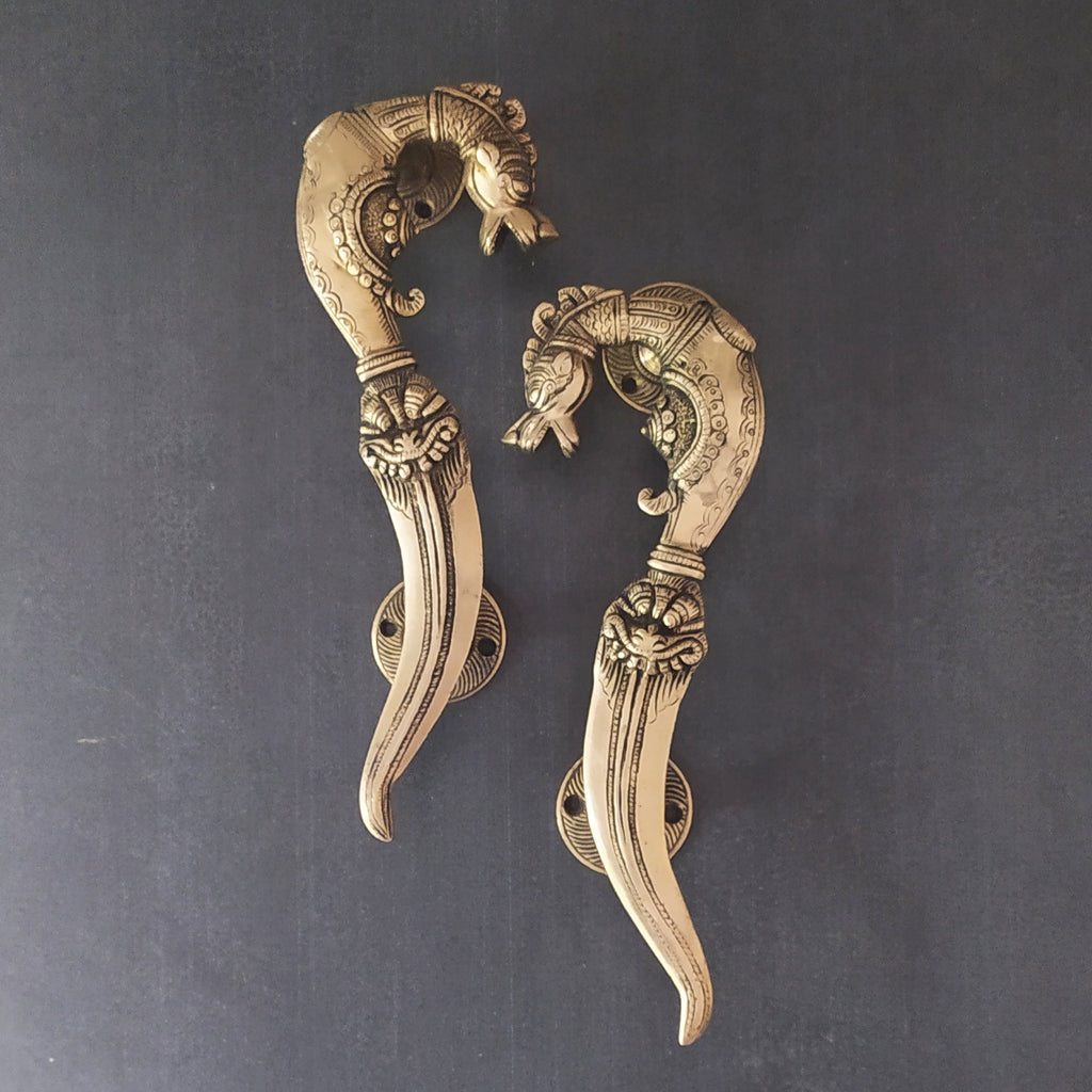 Pair of Mythical Yali Door Handles In Style Of A Hilted Dagger With Curved Blade - L 28 cm x W 9 cm x Ht 5 cm