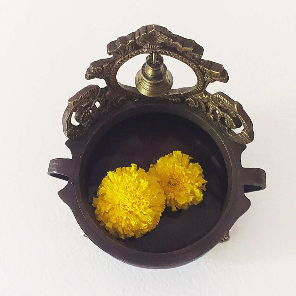 Brass Urli Handcrafted With A Brass Bell For Floating Flowers. Dia 17.5 cm x Ht 18 cm