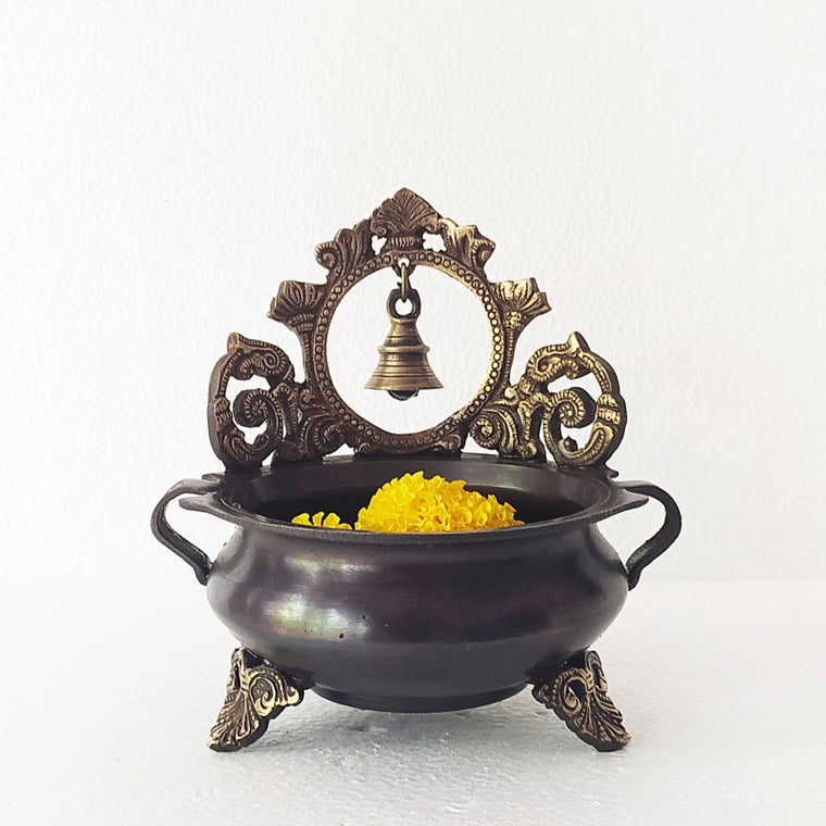 Brass Urli Handcrafted With A Brass Bell For Floating Flowers. Dia 17.5 cm x Ht 18 cm