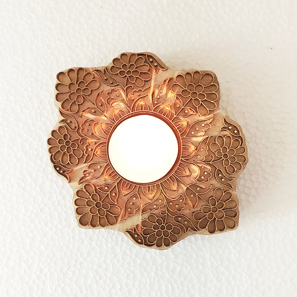 Exquisite Wooden Tea Light Holder Handcrafted With Brass Floral Design Inlay . L 13 cm x W 11 cm x Ht 3 cm