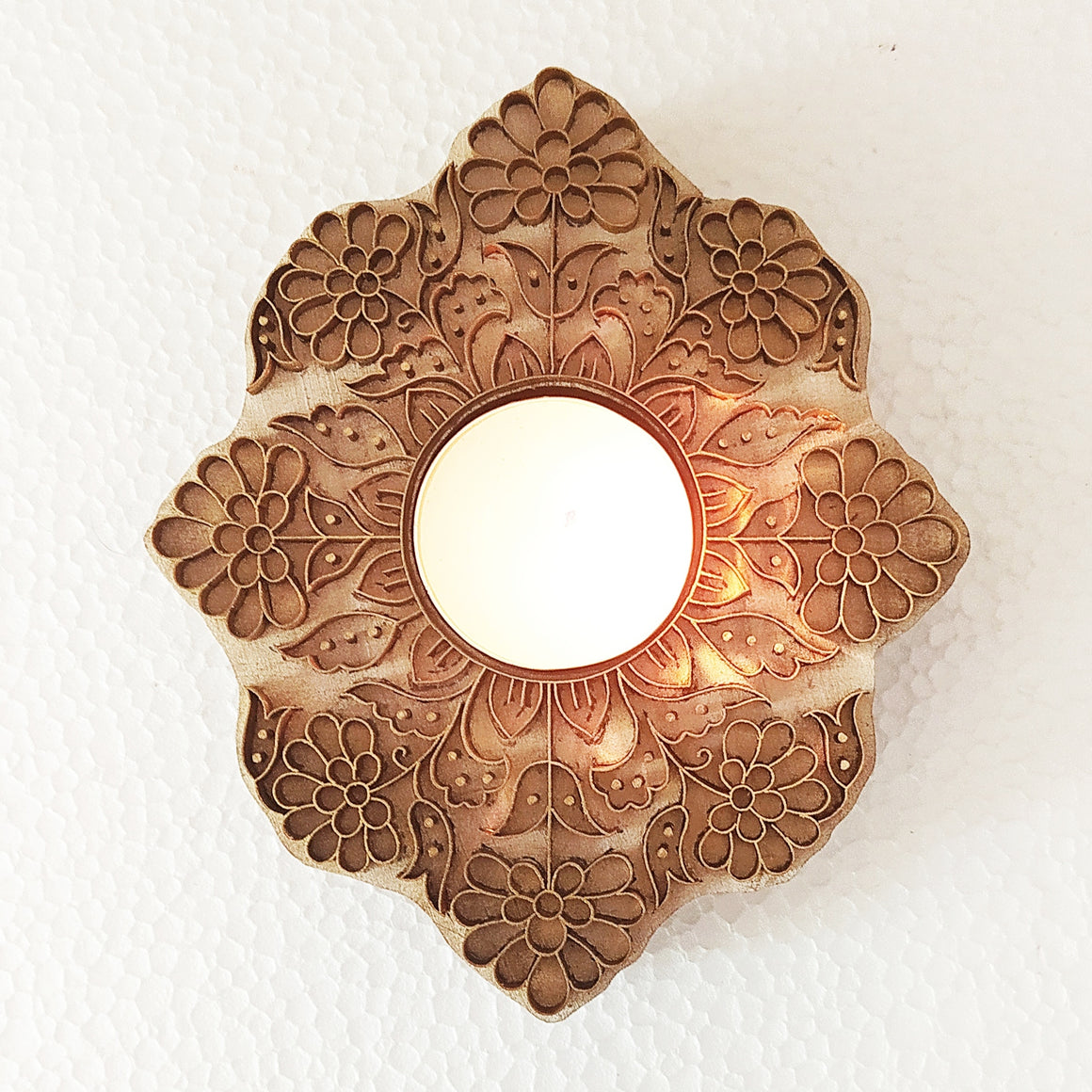 Exquisite Wooden Tea Light Holder Handcrafted With Brass Floral Design Inlay . L 13 cm x W 11 cm x Ht 3 cm