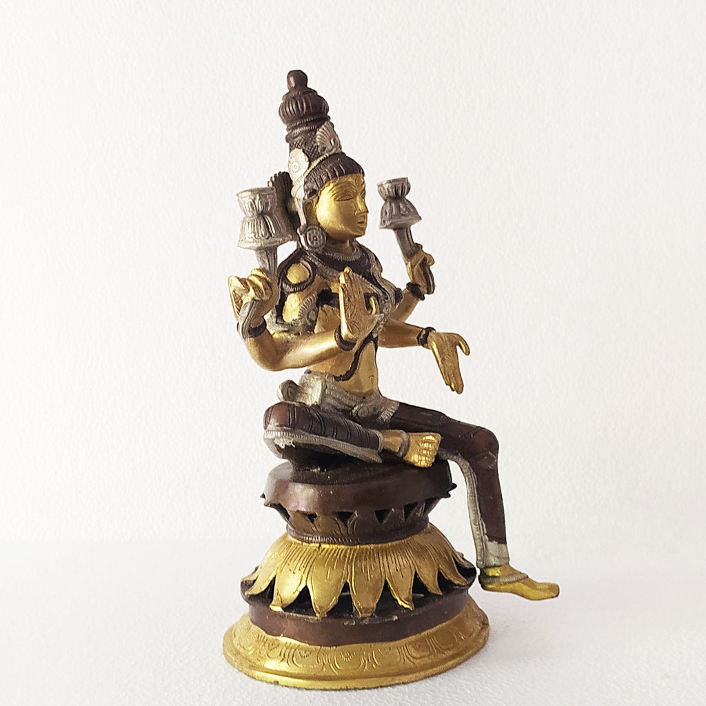 Lakshmi - Goddess Of Wealth & Prosperity Sitting On Lotus Flower In Rich Brown and Gold Patina Ht 31 cm x Width 18 cm