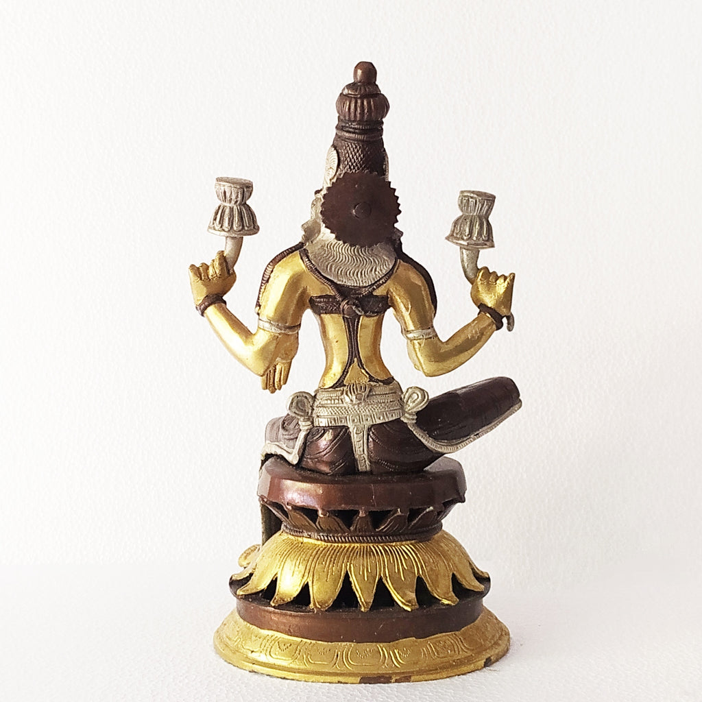 Lakshmi - Goddess Of Wealth & Prosperity Sitting On Lotus Flower In Rich Brown and Gold Patina Ht 31 cm x Width 18 cm