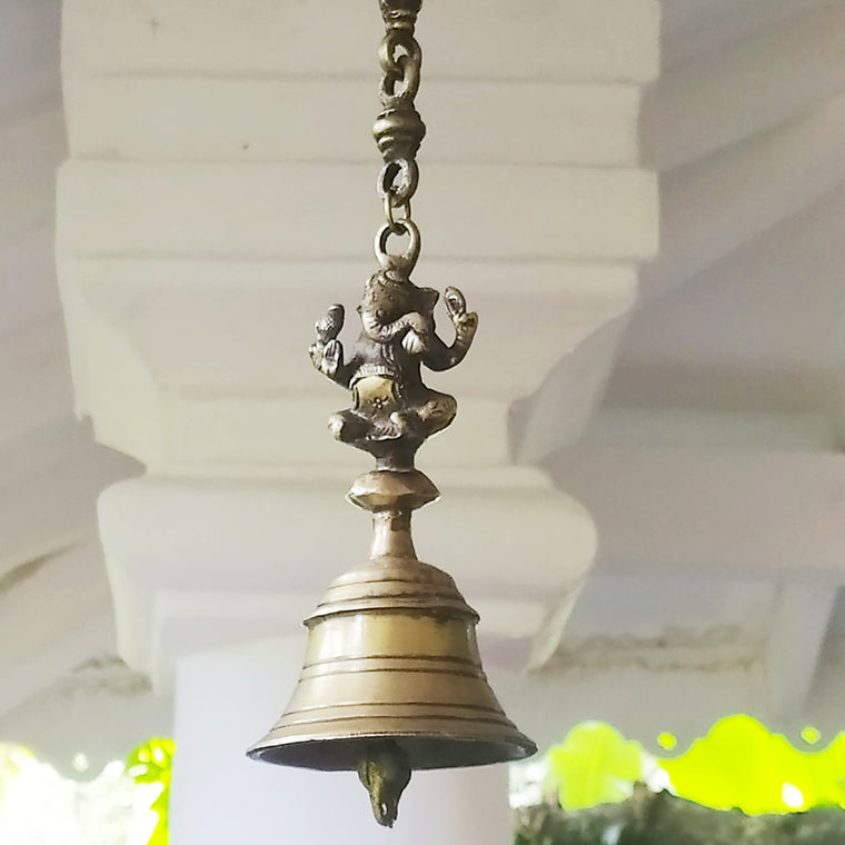 Vintage Brass Temple Bell On A Chain With Lord Ganesha - L 73 cm x Dia 9 cm
