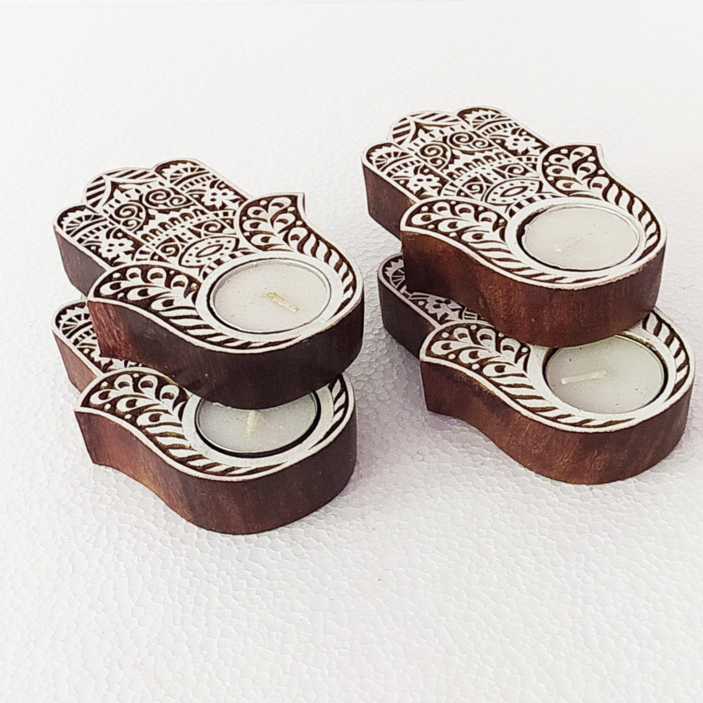 Set of 4 Handcrafted Wooden Hamsa Tea Light Holders - The Lucky Hand & Symbol of Good Luck, L 10 cm x W 10 cm X Ht 2 cm