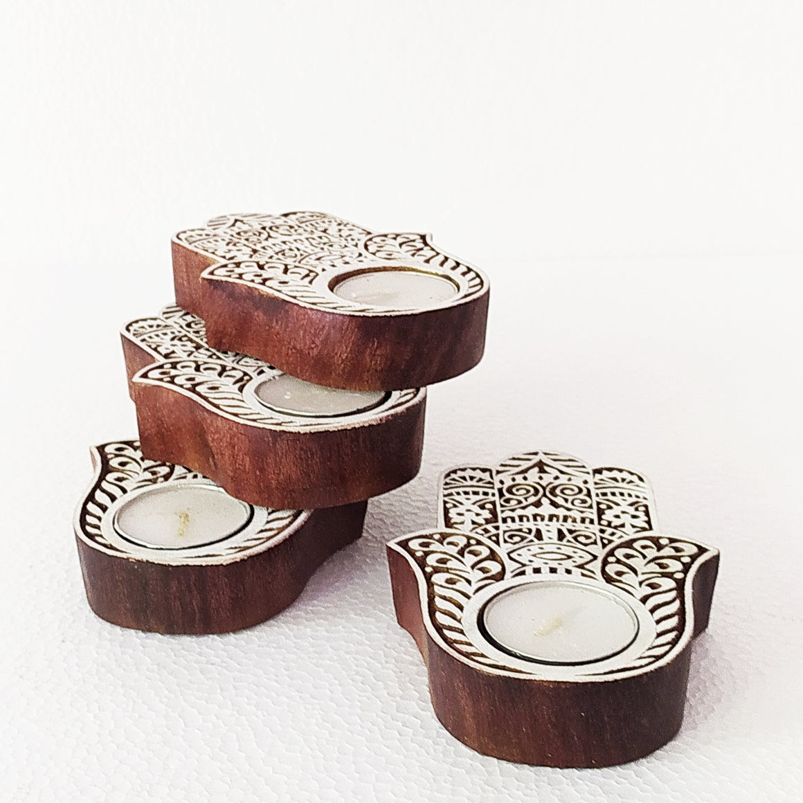 Set of 4 Handcrafted Wooden Hamsa Tea Light Holders - The Lucky Hand & Symbol of Good Luck, L 10 cm x W 10 cm X Ht 2 cm