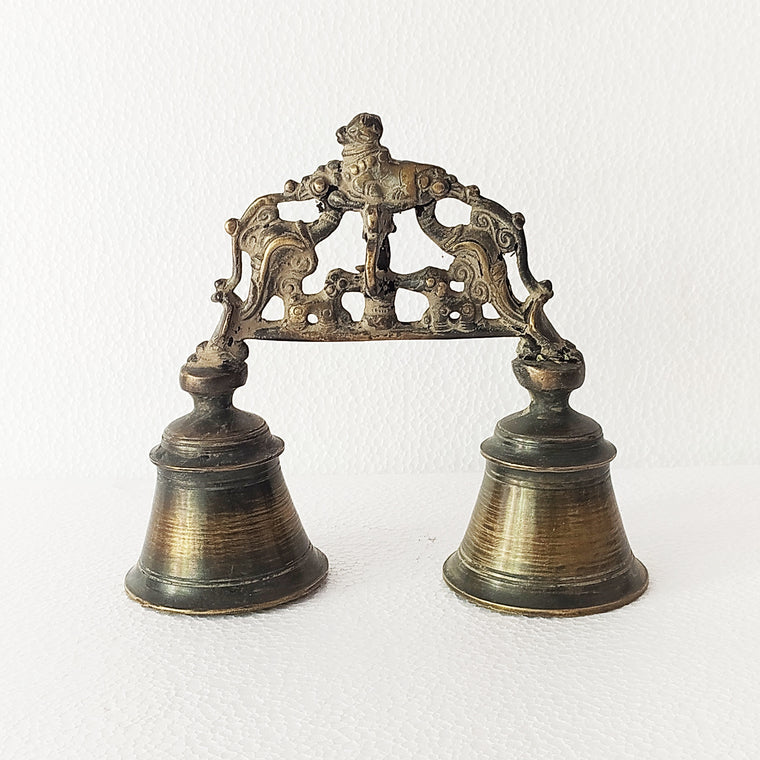 Vintage Brass Twin Prayer Bells With Nandi Bull- Vehicle Of Lord Shiva. L 18.5 cm x Ht 16 cm x Dia Of Bells 7 cm