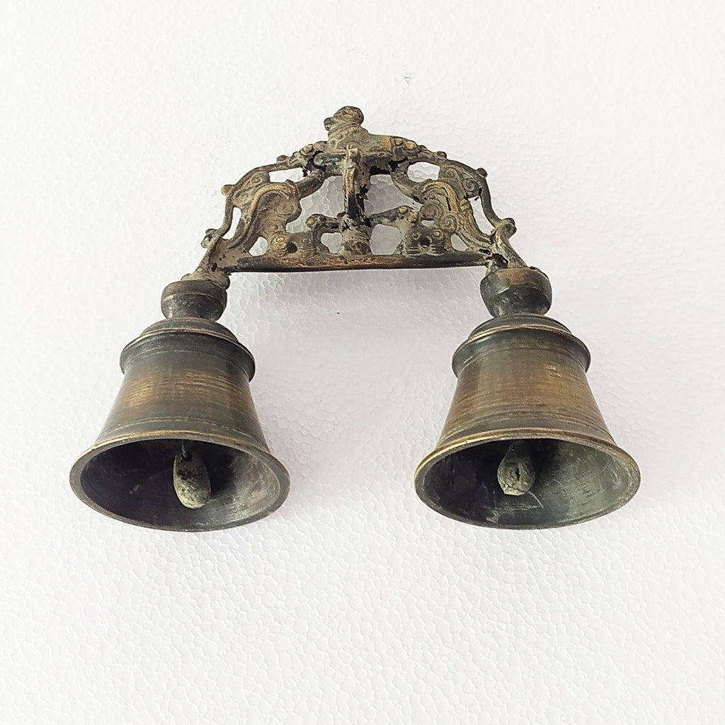 Vintage Brass Twin Prayer Bells With Nandi Bull- Vehicle Of Lord Shiva. L 18.5 cm x Ht 16 cm x Dia Of Bells 7 cm