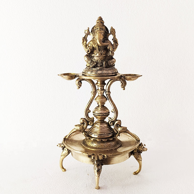Handcrafted Lord Ganesha Brass Oil Lamp With Exquisite Peacocks & Mythical Yalis From South India - 38 cm Tall
