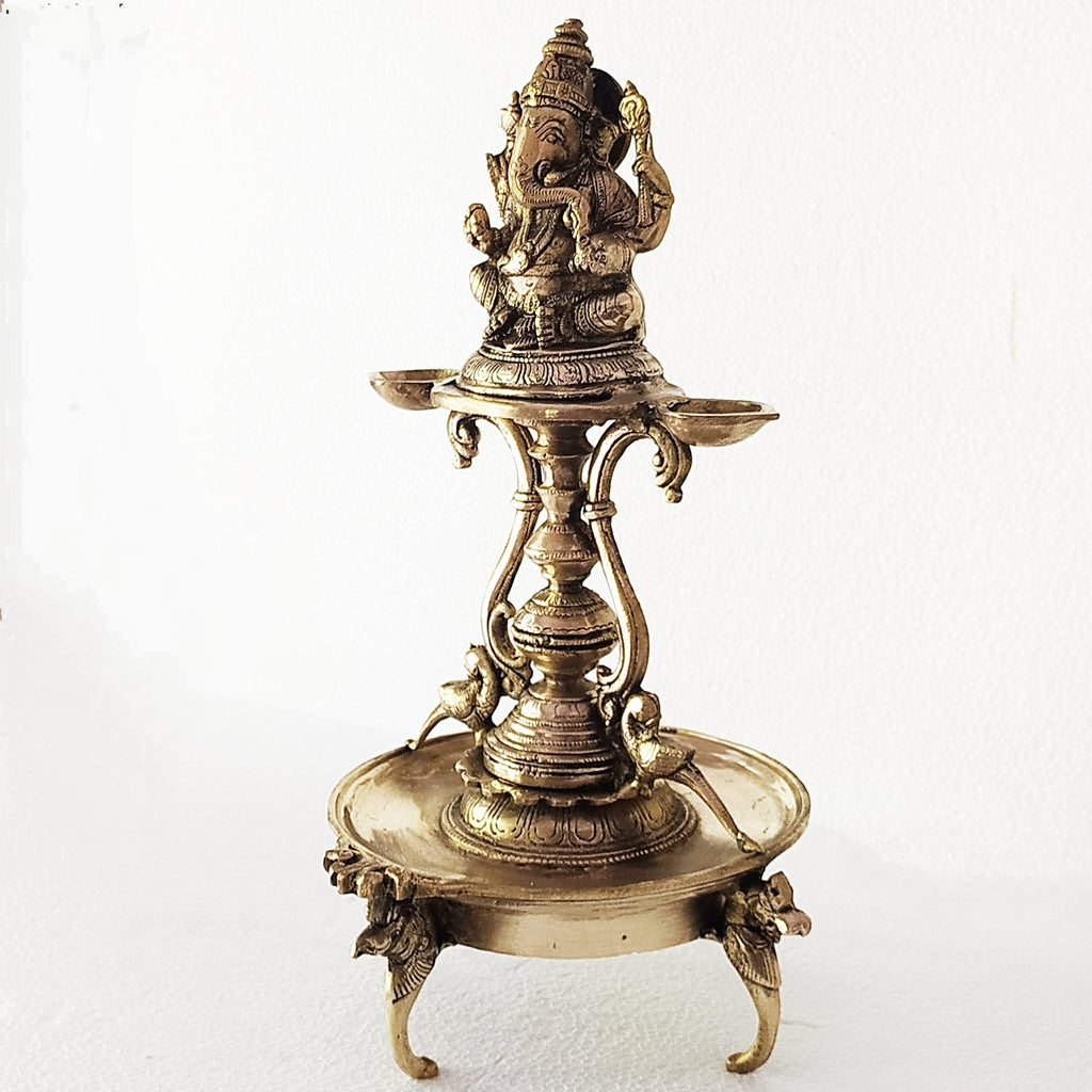 Handcrafted Lord Ganesha Brass Oil Lamp With Exquisite Peacocks & Mythical Yalis From South India - 38 cm Tall