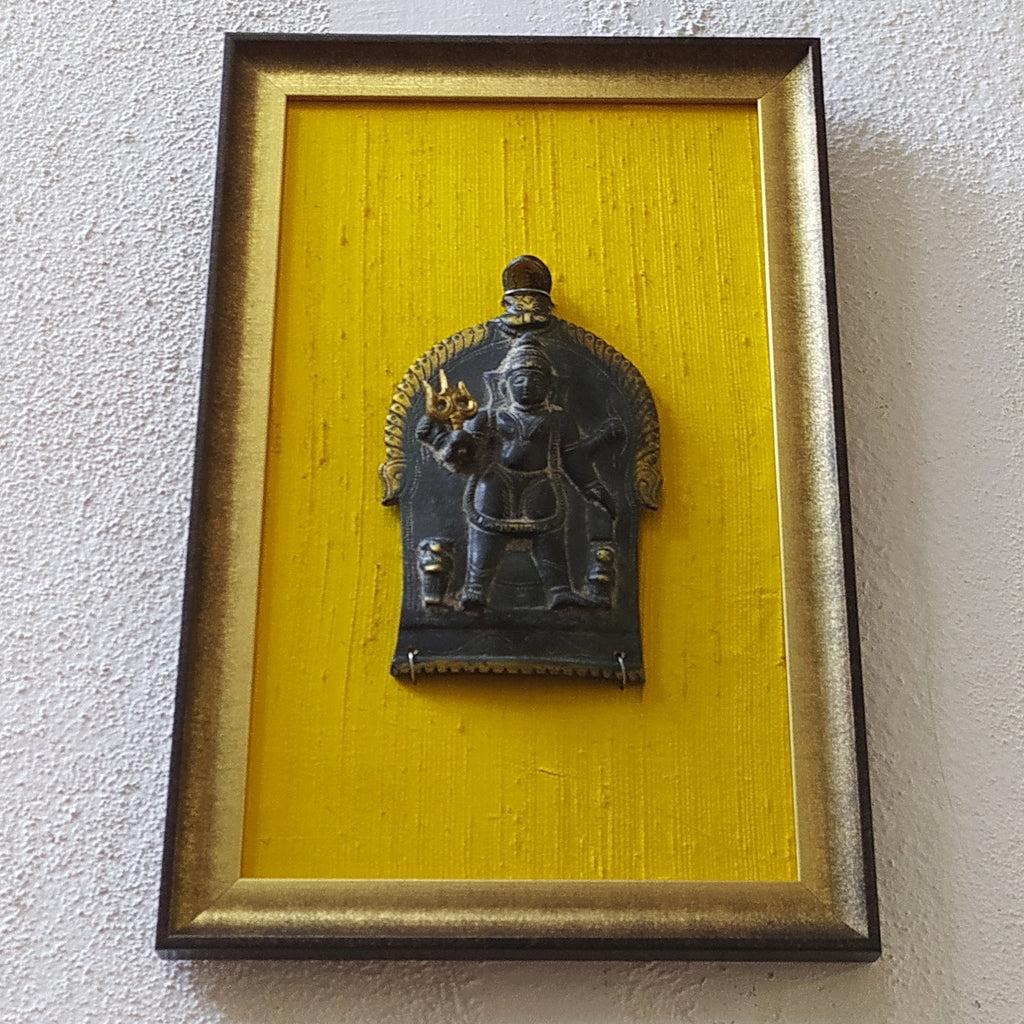 Majestic Brass Plaque of Lord Shiva Framed On Rich Gold Yellow Raw Silk. Frame Ht 40 cm x W 26 cm