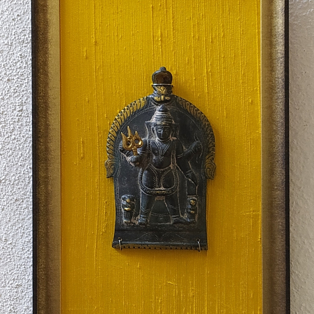 Majestic Brass Plaque of Lord Shiva Framed On Rich Gold Yellow Raw Silk. Frame Ht 40 cm x W 26 cm