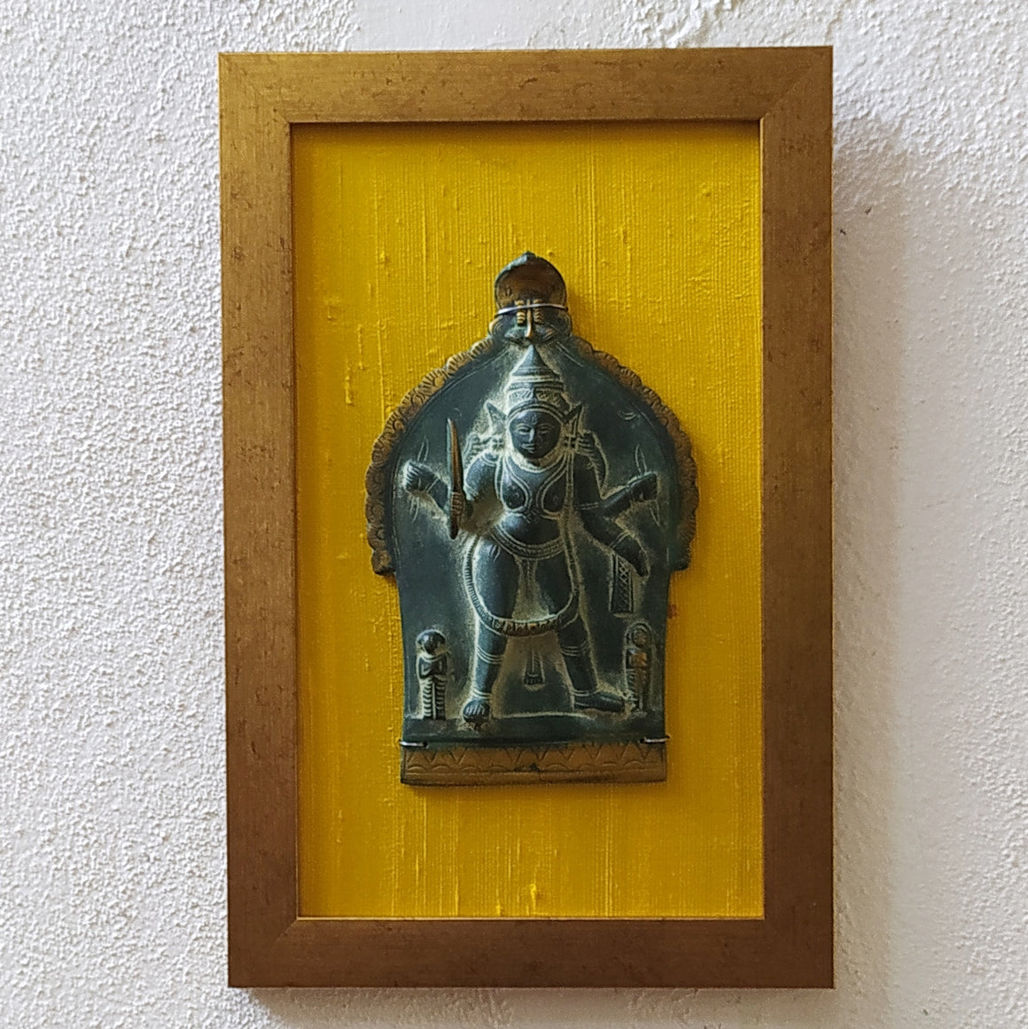 Vintage Brass Plaque of Lord Shiva Framed On Rich Gold Yellow Raw Silk. Frame Ht 40 cm x W 26 cm