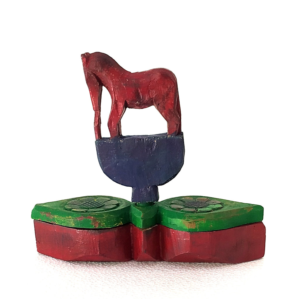 Traditional Petal Shaped Tikka | Vermilion Storage Box With A Horse Handcrafted In Wood- L 25 cm x H 22 cm xW 9 cm