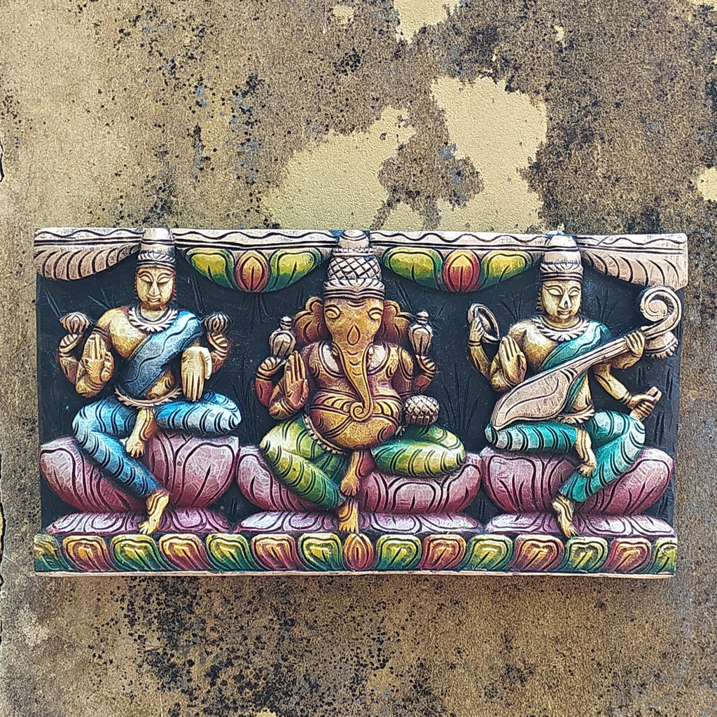 Handcrafted Wooden Sculpture Of Hindu Gods Lakshmi, Ganesha & Saraswati, L 60 cm x Ht 33 cm