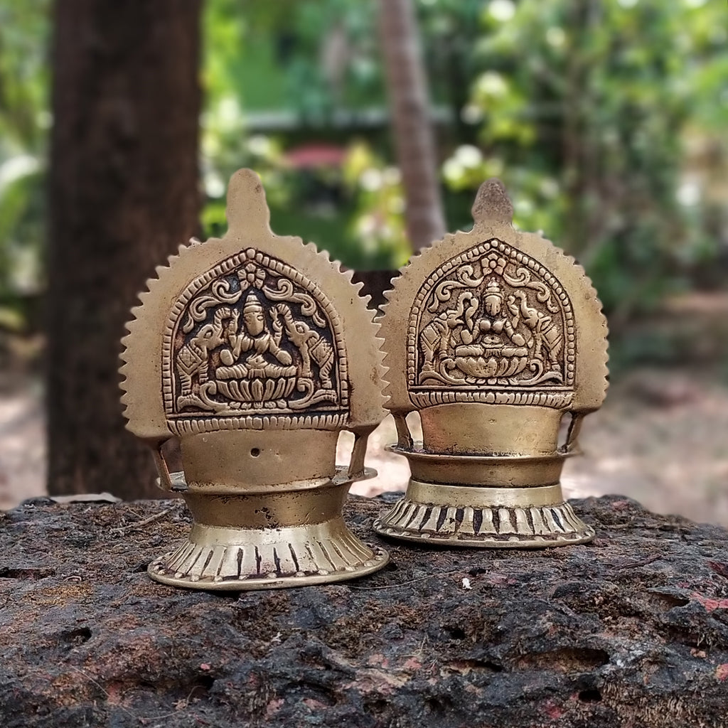 Pair Of Divine Vintage Lamps or Deepam of Devi Kamakshi - Goddess of Knowledge & Prosperity. Height 12 cm x Length 10 cm