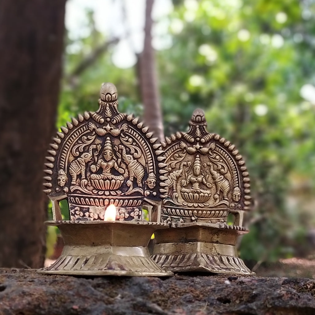 Pair Of Divine Vintage Lamps or Deepam of Devi Kamakshi - Goddess of Knowledge & Prosperity. Height 12 cm x Length 10 cm